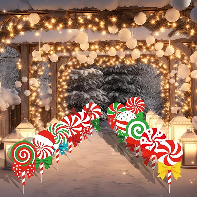 12-Piece Christmas Lollipop Yard Signs with Stakes Decorations – Assorted Candy Cane Peppermint Designs 14 Inches Large Outdoor Holiday Candy Signs for Garden, Lawn, Driveway, and Christmas Party Favor