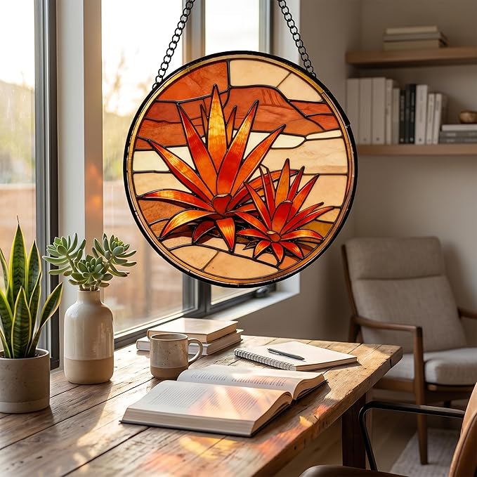 Stained Glass Window Hanging Golden Agave Suncatcher 8 Inch,Agave Plant Glass Art Desert Home Decor, Indoor Outdoor Wall Art, Birthday for Women Men