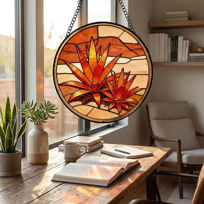 Stained Glass Window Hanging Golden Agave Suncatcher 8 Inch,Agave Plant Glass Art Desert Home Decor, Indoor Outdoor Wall Art, Birthday for Women Men