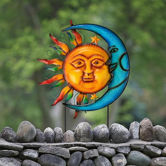 Glitzhome 36.25" H Metal Sun and Moon Garden Stake Decor, Rustic Sun and Moon Yard Art or Antique Wall Decor Outdoor Decorative Garden Decor