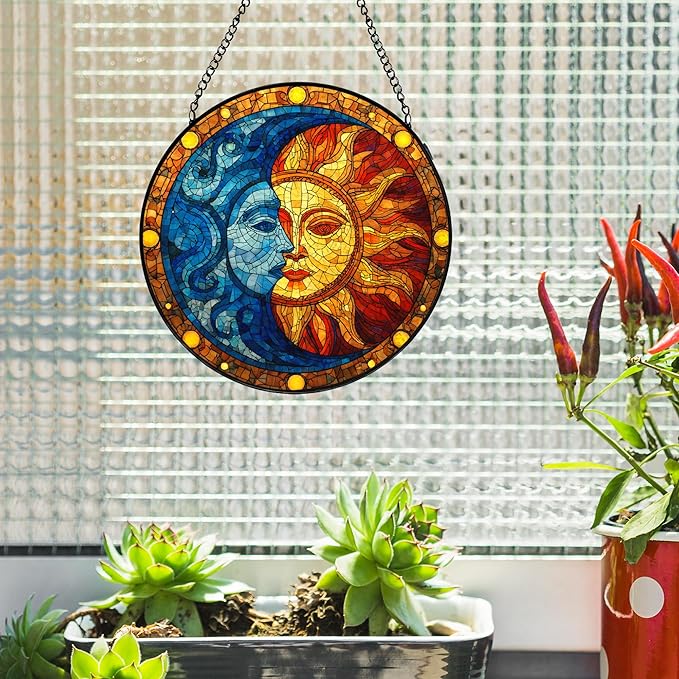 Sun and Moon Stained Glass Window Hanging, Celestial Sun and Moon Suncatchers Indoor Window Glass Wall Art Decorations, Celestial Decor Round Wall Hanging Decor, 7.9x7.9in