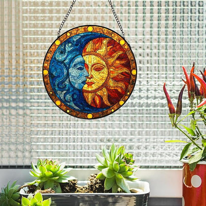 Sun and Moon Stained Glass Window Hanging, Celestial Sun and Moon Suncatchers Indoor Window Glass Wall Art Decorations, Celestial Decor Round Wall Hanging Decor, 7.9x7.9in