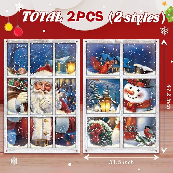 Preboun 2 Pcs Christmas Curtain Window Decoration Xmas Window Silhouette Snowflake Cover Christmas Poster for Indoor Outdoor Holiday Party Wall Garage Door Decor (Santa Claus and Snowman)