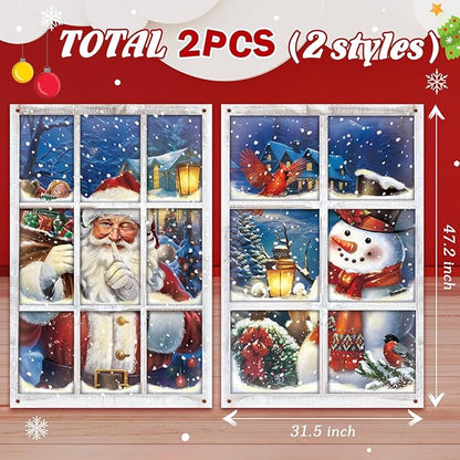 Preboun 2 Pcs Christmas Curtain Window Decoration Xmas Window Silhouette Snowflake Cover Christmas Poster for Indoor Outdoor Holiday Party Wall Garage Door Decor (Santa Claus and Snowman)