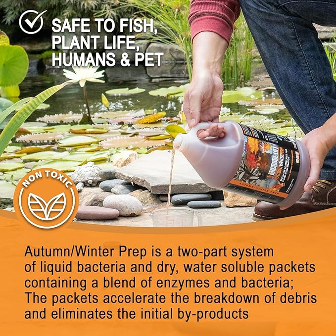 MICROBE-LIFT Autumn and Winter Prep Seasonal Conditioner for Ponds and Outdoor Water Gardens, Safe for Live Koi Fish, Plants, and Décor, 1 Gallon Liquid and 8 2-Ounce Packets