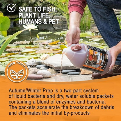 MICROBE-LIFT Autumn and Winter Prep Seasonal Conditioner for Ponds and Outdoor Water Gardens, Safe for Live Koi Fish, Plants, and Décor, 1 Gallon Liquid and 8 2-Ounce Packets