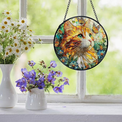 Cat Flower Suncatcher Stained Glass Window Hanging, Butterfly Floral Orange Cat Sun Catchers Indoor Window Glass Wall Art Decor, Kitten Floral Wall Hanging Decor, 7.9x7.9 Inch 035-MH-BLGH