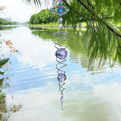 FONMY Evil Eye Gazing Ball Spiral Tail Wind Spinner Sun Catcher Rainbow Maker Silver Spiral W/Purple K9 Crystal Ball Christmas GifTree Hanging Ornament Indoor Outdoor Garden Decor. 19.5inch H