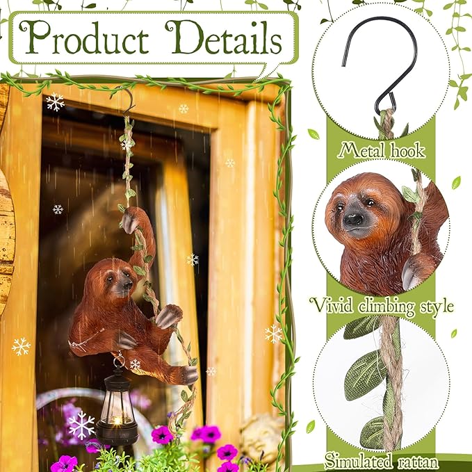 Mudder Solar Light Sloth Garden Statues 7.5'' Resin Hanging Figurine Climbing on 24" L Vine with LED Lantern Decorative Sculpture Waterproof Statues with Hook for Yard Outdoor Patio Yard Wall Decor