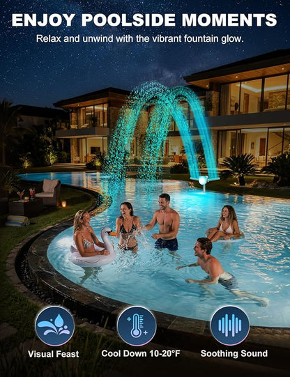 Solar Pool Fountain w/7-Color LED Lights, 2026 Dual-Head Adjustable Spray Pool Fountains for Above & Inground Pools, High-Pressure Waterfall & Pool Sprinkler Fountain for Cooling & Relaxation