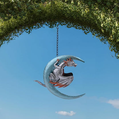 Metal Dragon Hanging Decoration Tree Ornaments Figurines, Dragon Moon Hugger Wall Plaques Statues, Outdoor Wind Sculptures Art for Patio Lawn Deck Pool Yard Stump Branches Porch Balcony Garden Decor