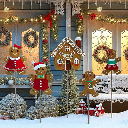 Roowest 5 Pack 12'' H Metal Christmas Yard Stakes Outdoor Decorations Gingerbread Man House Garden Signs Christmas Potted Plant Stakes for Holiday Winter Home Lawn Garden Porch Walkway Party Decor