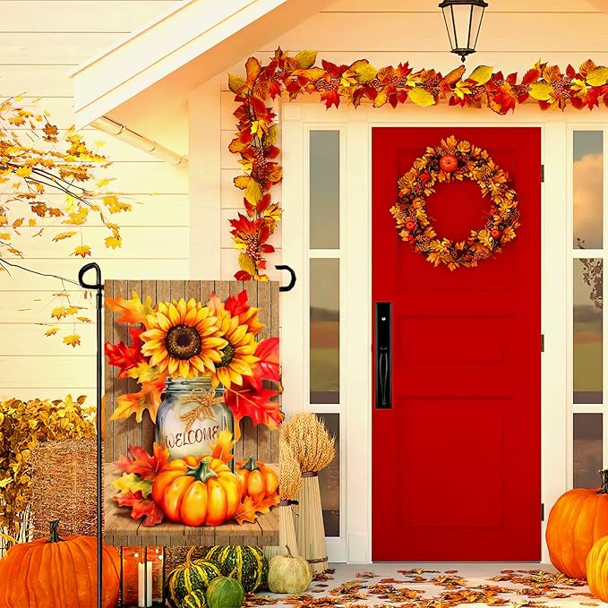 Fall Garden Flags Thanskgiving Sunflower Pumpkin Printing Garden Flag Welcome Autmn Maple Leaves Yard Flag for Outside Mason Jar Pattern Double Side Floral House Flag Decor Standard Size 12×18 Inch