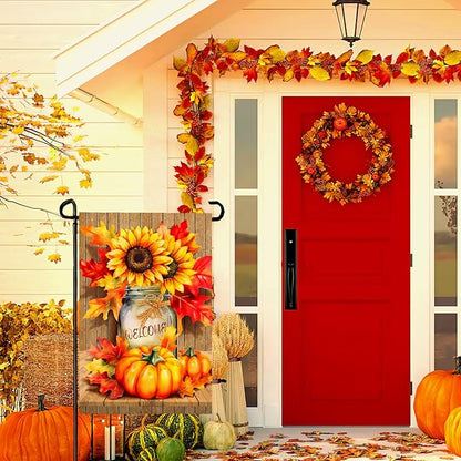 Fall Garden Flags Thanskgiving Sunflower Pumpkin Printing Garden Flag Welcome Autmn Maple Leaves Yard Flag for Outside Mason Jar Pattern Double Side Floral House Flag Decor Standard Size 12×18 Inch