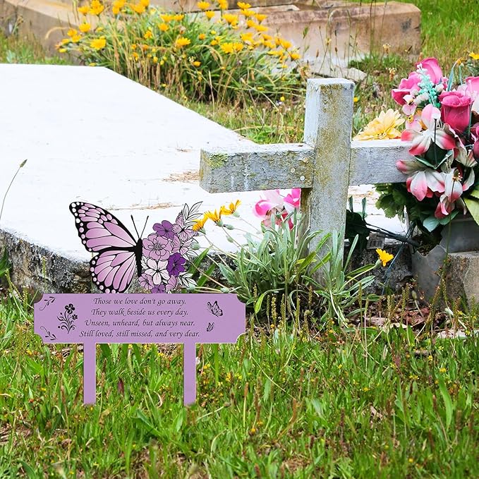 Rngmsi Grave Decorations for Cemetery Memorial, Metal Memorial Garden Stakes for Loss of Mother Father Loved Ones, Purple Plaques Markers for Cemetery Humans Outdoor Yard