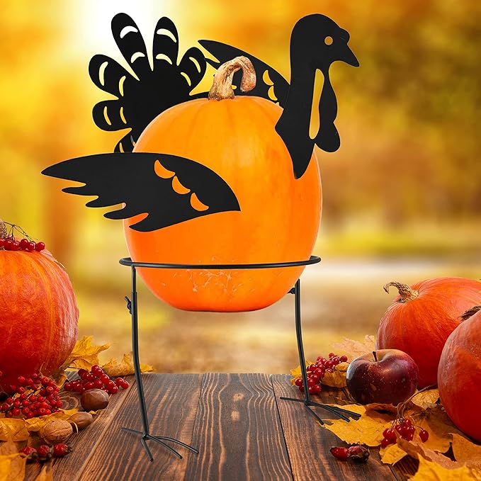 Ornativity Turkey Design Pumpkin Holder Stand - Metal Outdoor Yard Ornament Thanksgiving Garden Decorative Fall Autumn Porch Prop - 1 Set