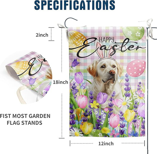 Happy Easter Labrador Dog Garden Flag White Lab Spring Flags Buffalo Plaid Bunny Eggs Yard Flag for Outside 12x18 Double Sided Small Decorative Floral Outdoor Flag