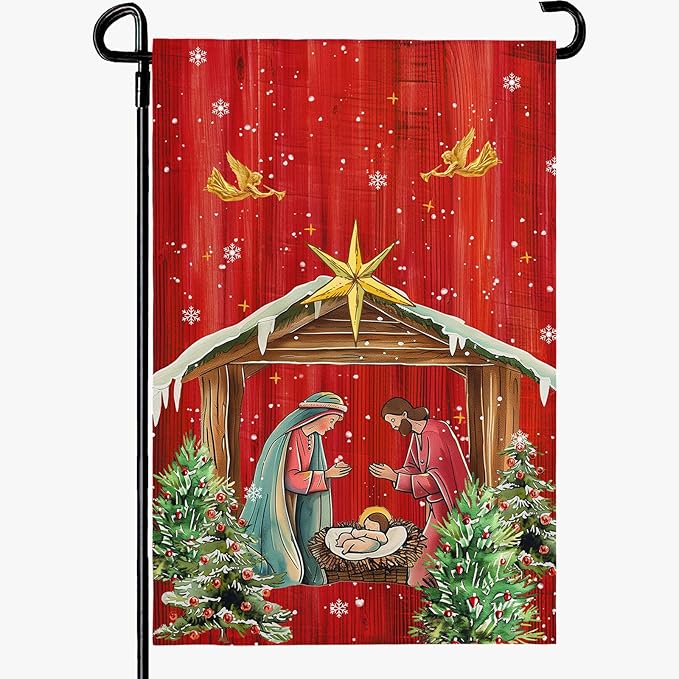Xmas Poinsettia Garden Flag Holy Night Nativity Double Side Yard Flags Religious Christma Jesus Nativity Scene Decor House Banner for Winter Happy Holiday Outdoor Yard Decor 12 x 18 Inch