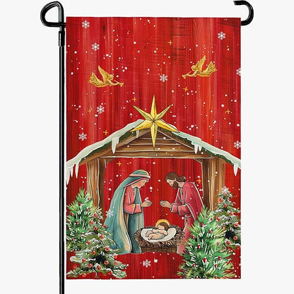 Xmas Poinsettia Garden Flag Holy Night Nativity Double Side Yard Flags Religious Christma Jesus Nativity Scene Decor House Banner for Winter Happy Holiday Outdoor Yard Decor 12 x 18 Inch