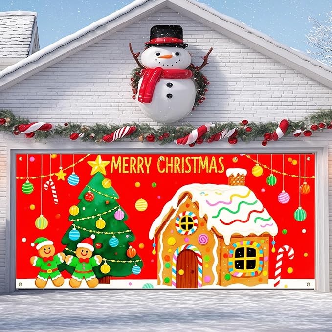 IVN Merry Christmas Garage Door Banner 13x6ft Gingerbread House Christmas Tree Candy Decoration Outdoor Winter Photo Prop for Holiday Yard Garage Door Scene