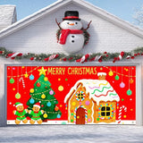 IVN Merry Christmas Garage Door Banner 13x6ft Gingerbread House Christmas Tree Candy Decoration Outdoor Winter Photo Prop for Holiday Yard Garage Door Scene