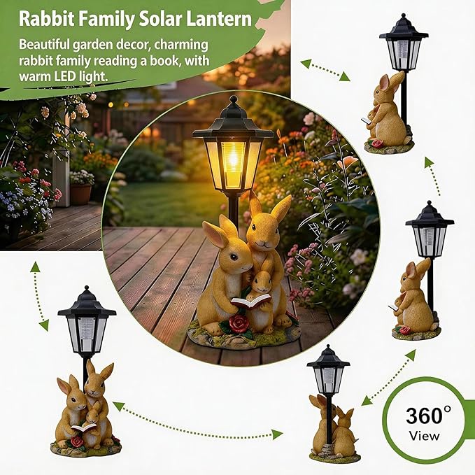 Garden Outdoor Decor Solar Statues Gifts Lights Yard Bunny Family Figurine Waterproof Resin Patio Pathway Lawn Ornament