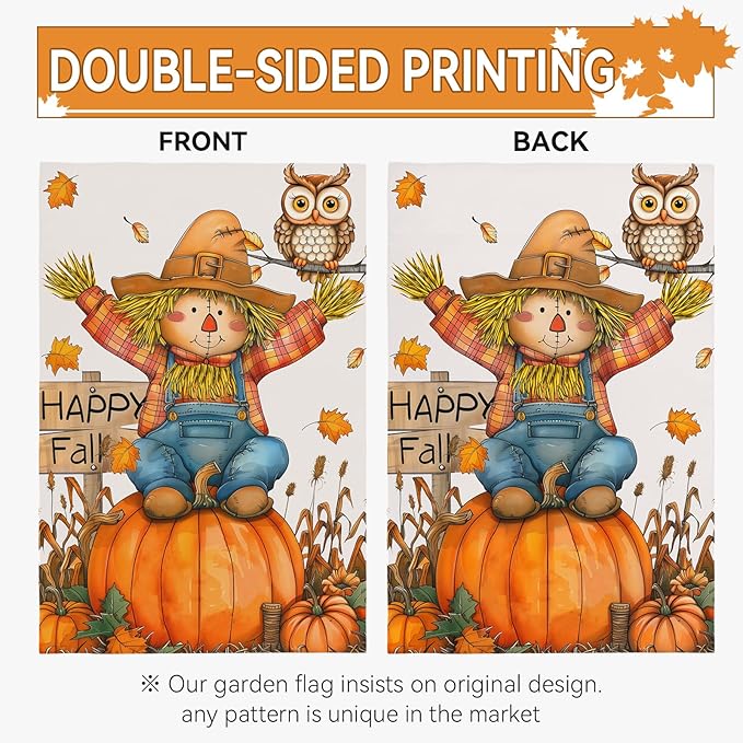 Happy Fall Pumpkins Scarecrow Garden Flags Double Sided Burlap Autumn Yellow Pumpkin Owl Yard Flag Seasonal Outside Patio Farmhouse Garden Yard Lawn Outdoor Decorative 12 x 18 Inch