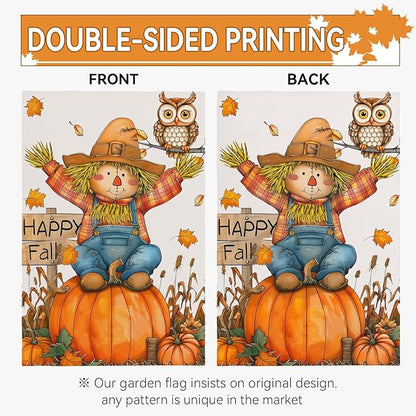 Happy Fall Pumpkins Scarecrow Garden Flags Double Sided Burlap Autumn Yellow Pumpkin Owl Yard Flag Seasonal Outside Patio Farmhouse Garden Yard Lawn Outdoor Decorative 12 x 18 Inch