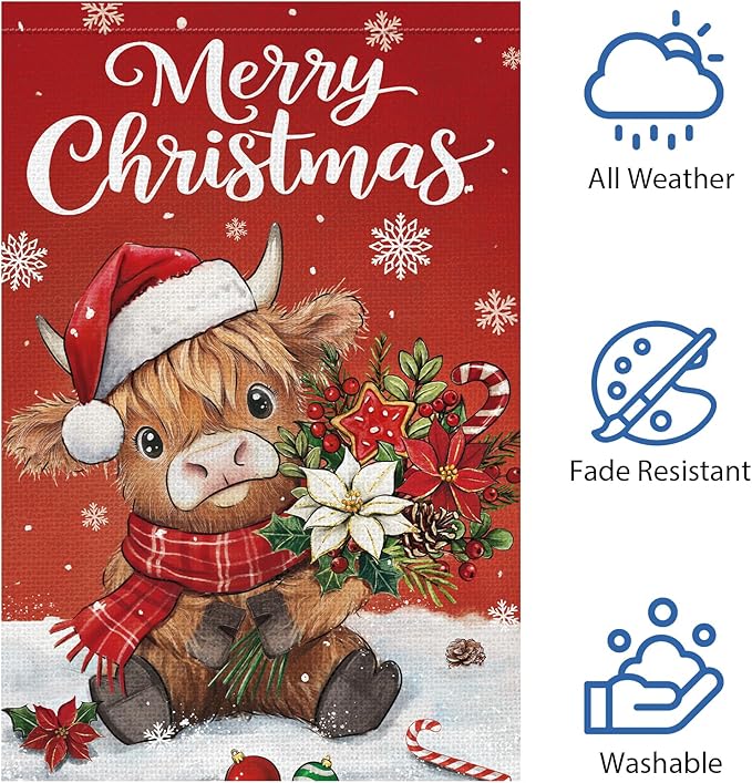Heyfibro Merry Christmas Highland Cow Garden Flag 12x18 Inch Double Sided Burlap, Winter Snowflake Yard Flags for Holiday Xmas Seasonal Outdoor Decoration(ONLY FLAG)