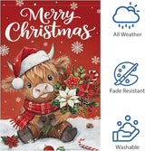 Heyfibro Merry Christmas Highland Cow Garden Flag 12x18 Inch Double Sided Burlap, Winter Snowflake Yard Flags for Holiday Xmas Seasonal Outdoor Decoration(ONLY FLAG)