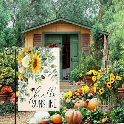 Baccessor Hello Sunshine Spring Garden Flag Sunflower Bee Eucalyptus Leaves Yard Flag 12.5 X 18 Inch Double Sided Burlap Small Spring Summer Flag for Outside Decor
