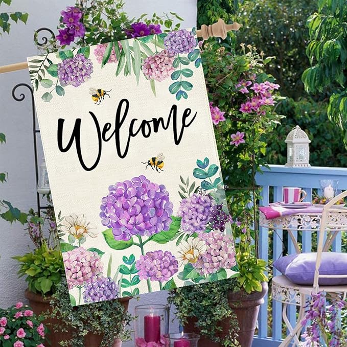Baccessor Spring Hydrangea House Flag Double Sided 28x40 Inch, Purple Flower Floral Welcome House Flag Burlap Seasonal Farmhouse Yard Outdoor Decoration (Large)