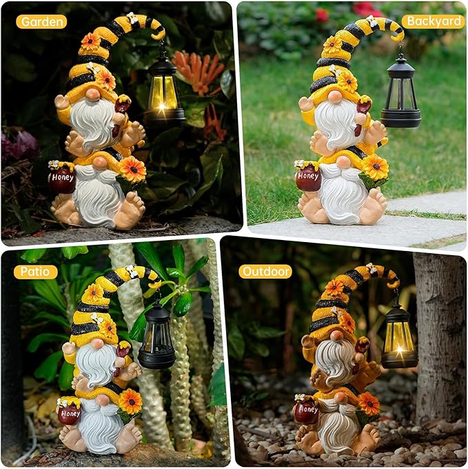Solar Bee Garden Gnomes with LED Lantern – Waterproof Stacked Outdoor Decor for Yard, Patio – Unique Gnome Gift for Women, Mom, Grandma (Weatherproof Resin, Outdoor Statues)