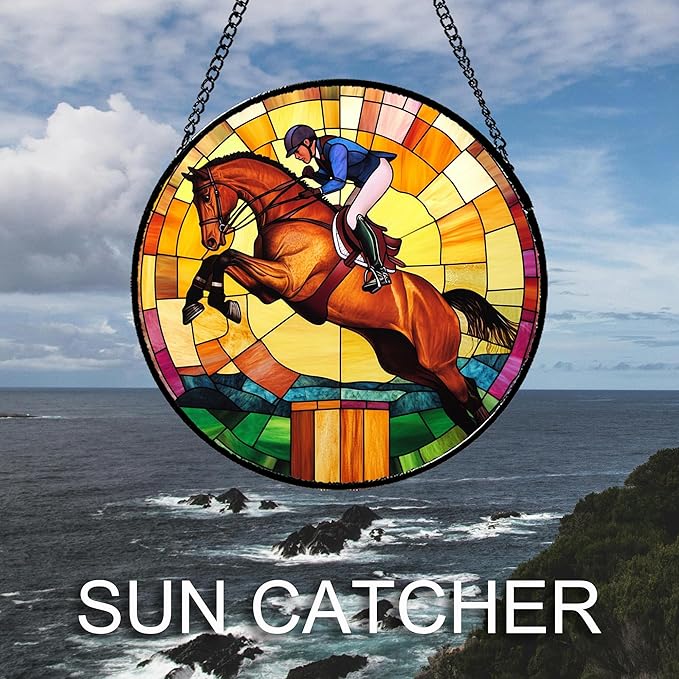 DASTOLL Stained Glass Window Hanging Equestrian Sports 9.8" - Horse Suncatcher Door Garden Sunroom Sun Catcher Home Decor Birthday Christmas for Mom Men Woman Nana