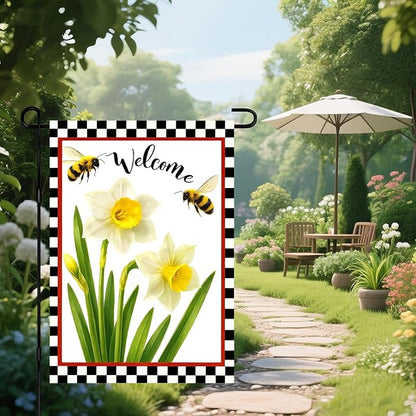 IVN Welcome Garden Flag 12x18 Inch Double Sided Spring Summer Garden Yard Flags White Daffodils Bees Decorative Small Flags for Outdoor Seasonal Front Door Lawn Porch Patio Decor Yard Flag