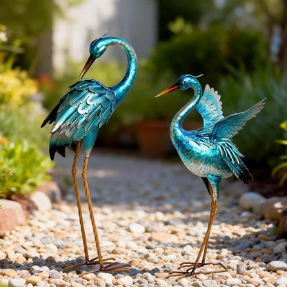 Ratuor Garden Crane Statues for Outdoor Blue Heron Metal Birds Yard Art Ornaments for Backyard Pond Patio Porch Outside Decorations