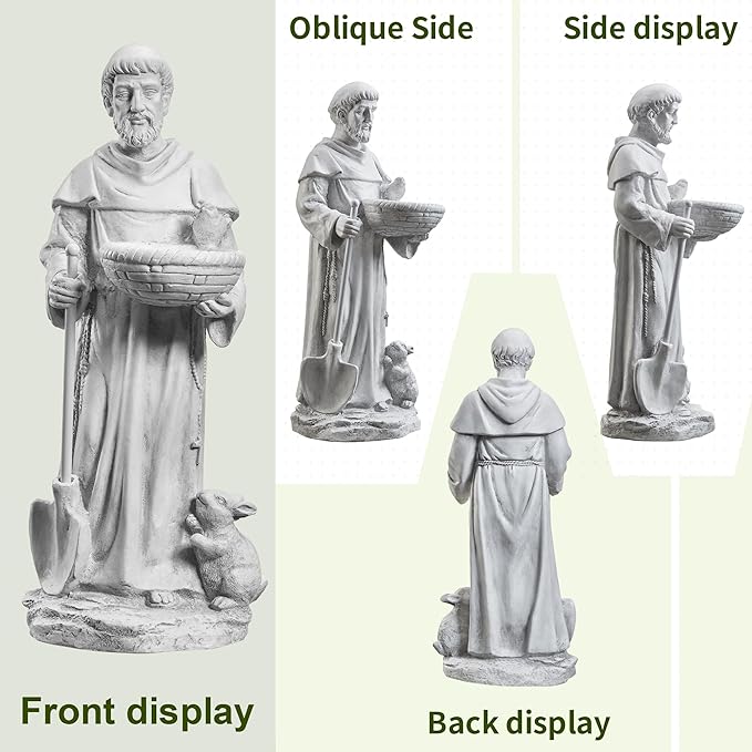 BESBLEE St Francis 28.7Inch Tall Large Garden Outdoor Religious Statue and Sculptures for Home Decor Birdfeeder All Season Yard Patio Lawn Hallway Sculpture Magnesium Oxide Stone