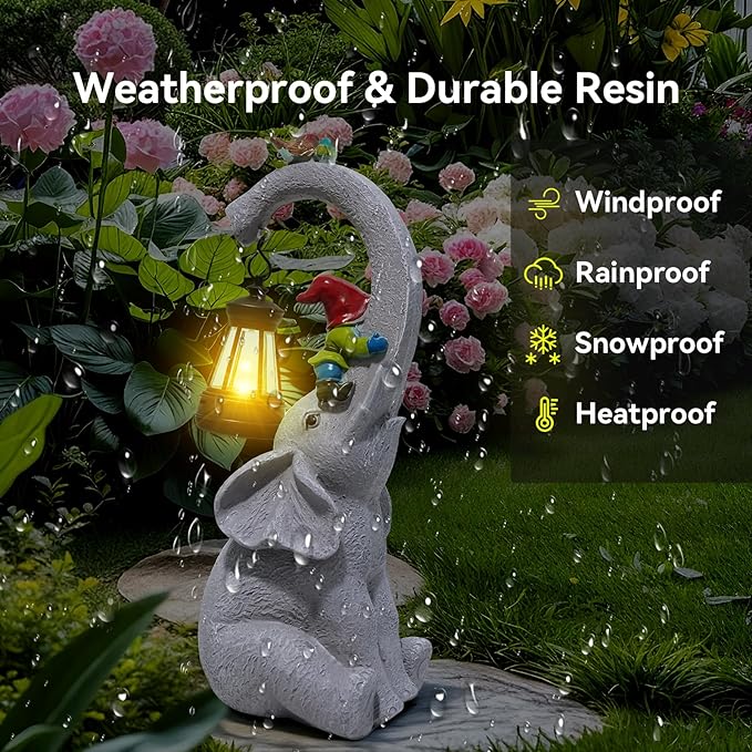 Solar Elephant Garden Statues with LED Lights, Outdoor Decor for Patio Yard Balcony - Unique Housewarming Birthday Gifts for Women Mom Grandma