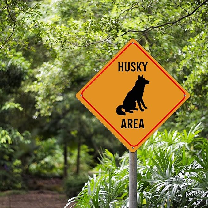 Warning Husky Area Metal Tin Sign Husky Dog Caution Crossing Xing Street Sign Yellow Diamond Shape Funny Metal Sign For Indoor Outdoor Highway12x12in