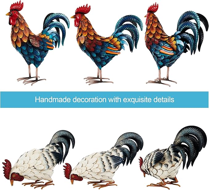 Shorayn Metal Rooster Statues, Outdoor Garden Metal Chicken Decor, Garden Sculptures Chicken Ornaments Yard Art for Backyard Patio Lawn Decorations, Set of 2
