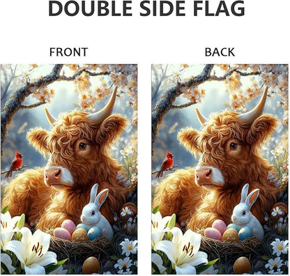 Easter Garden Flags for Outside 12x18 Double Sided, Small Burlap Farmhouse Bunny Highland Cow Garden Flag Easter Outdoor Decorations Yard Garden Patio Porch Decor for Women Garden Lovers