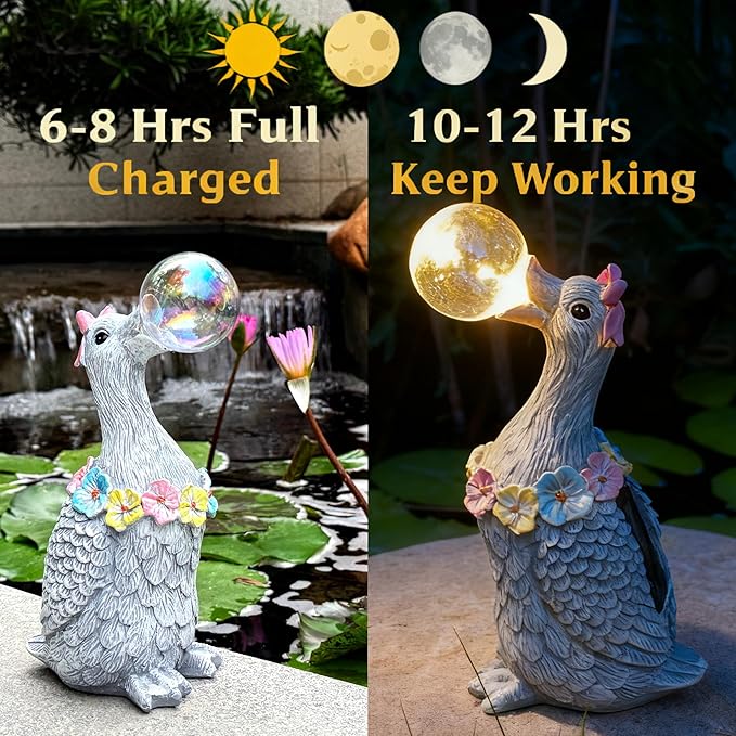 Solar Garden Duck Statue with LED Lights, Waterproof Outdoor Decor for Patio Lawn Yard, Cute Resin Duck Ornament with Unique Bubble Design, Ideal Gift for Women Mom-Gary