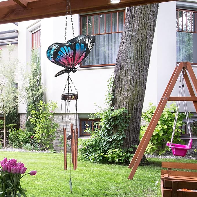 Asense Hanging Wind Chimes for Outside, Solar Powered LED Lights Butterfly Wind Chime, Outdoor Garden Lawn Yard Patio Decoration, Unique Decor Gifts