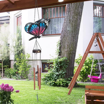 Asense Hanging Wind Chimes for Outside, Solar Powered LED Lights Butterfly Wind Chime, Outdoor Garden Lawn Yard Patio Decoration, Unique Decor Gifts