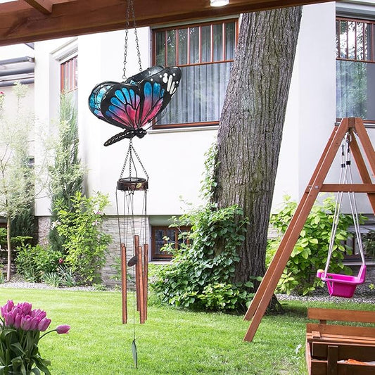 Asense Hanging Wind Chimes for Outside, Solar Powered LED Lights Butterfly Wind Chime, Outdoor Garden Lawn Yard Patio Decoration, Unique Decor Gifts