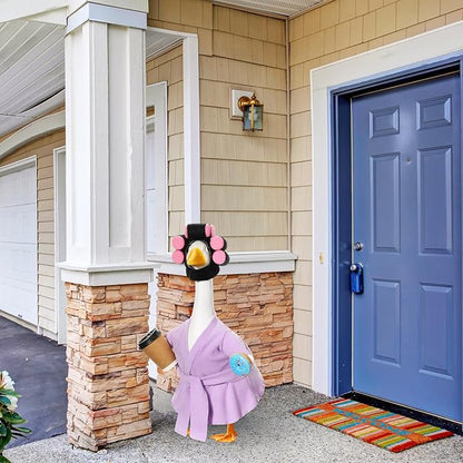 Shyyween Spring Lady Porch Goose Outfit for 23'' Cement Plastic Lawn Goose Summer Statue Clothes Bathrobe Coffee Cup Curlers for Outdoor Garden Yard Patio Decoration(Light Purple)