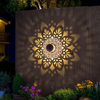 2 Pack Solar Fence Lights Metal Solar Powered Outdoor Wall Deck Step Lights Mandala Theme Waterproof Fence Light for Garden Post Patio Backyard Yard Decor, Gardening Gifts for Women Mom Grandma