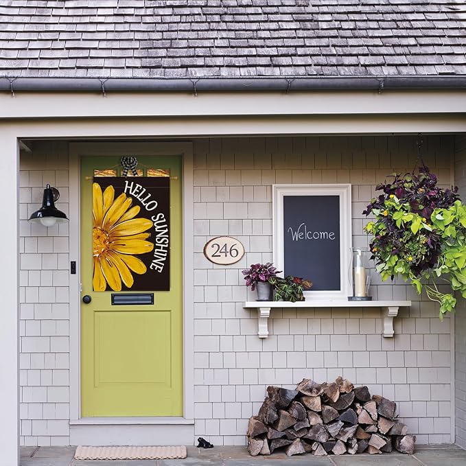 AVOIN colorlife Hello Sunshine House Flag 28x40 Inch Double Sided Outside, Summer Spring Floral Yellow Daisy Yard Outdoor Flag Black