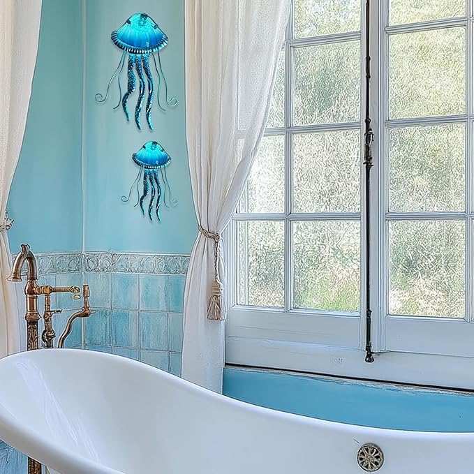 LIFFY Metal Jellyfish Wall Decor Beach Ocean Nautical Tropical Fish Wall Art Home Hanging Decor Glass Metal Fish Wall Decor for Pool, Beach, Patio, Garden,Home(15inch, 10inch)