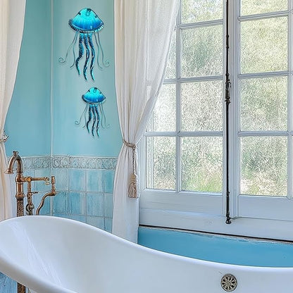LIFFY Metal Jellyfish Wall Decor Beach Ocean Nautical Tropical Fish Wall Art Home Hanging Decor Glass Metal Fish Wall Decor for Pool, Beach, Patio, Garden,Home(15inch, 10inch)